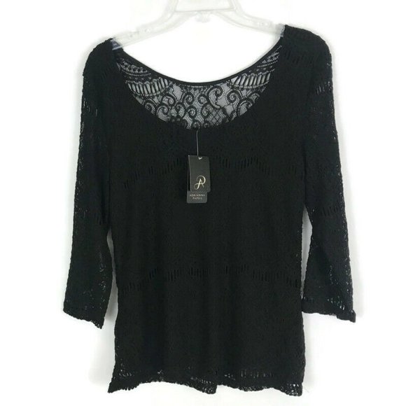 Andrianna Papell Womens Shirt Size Medium M Black Lace 3/4 Sleeve Blouse NEW - Picture 1 of 8